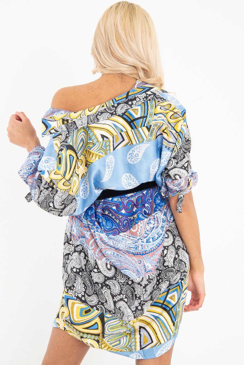 Blue Paisley Satin Midi Shirt Dress - Ilsa-Dresses