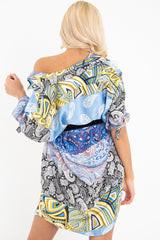 Blue Paisley Satin Midi Shirt Dress - Ilsa-Dresses