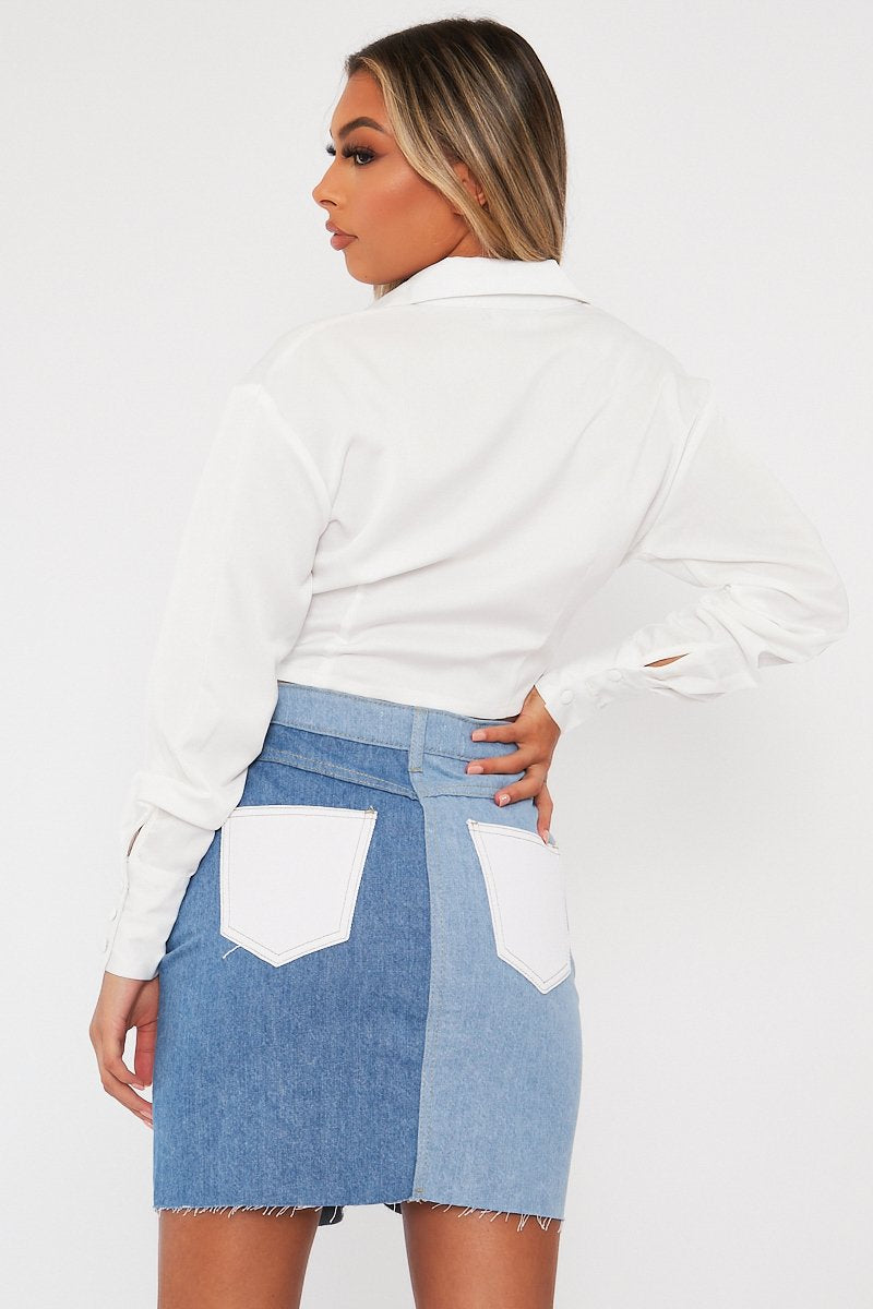 Blue Patch Detail Denim Skirt - Kiari-Skirts