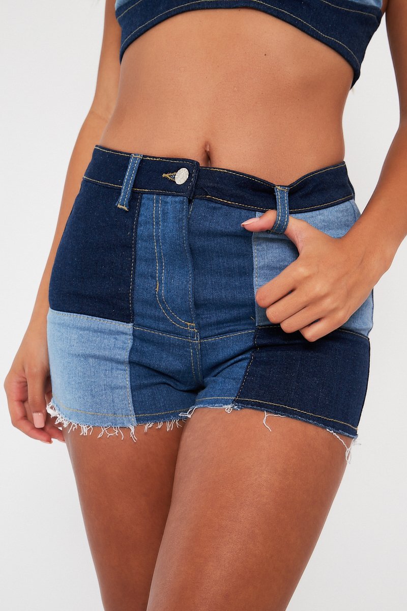 Blue Patchwork Denim Shorts - Ivana-Shorts
