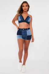 Blue Patchwork Denim Shorts - Ivana-Shorts