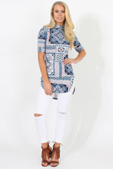 Blue Pattern Slit Top - Aubrey-Tops