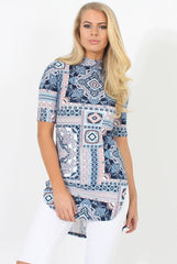 Blue Pattern Slit Top - Aubrey-Tops