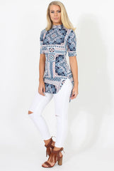 Blue Pattern Slit Top - Aubrey-Tops