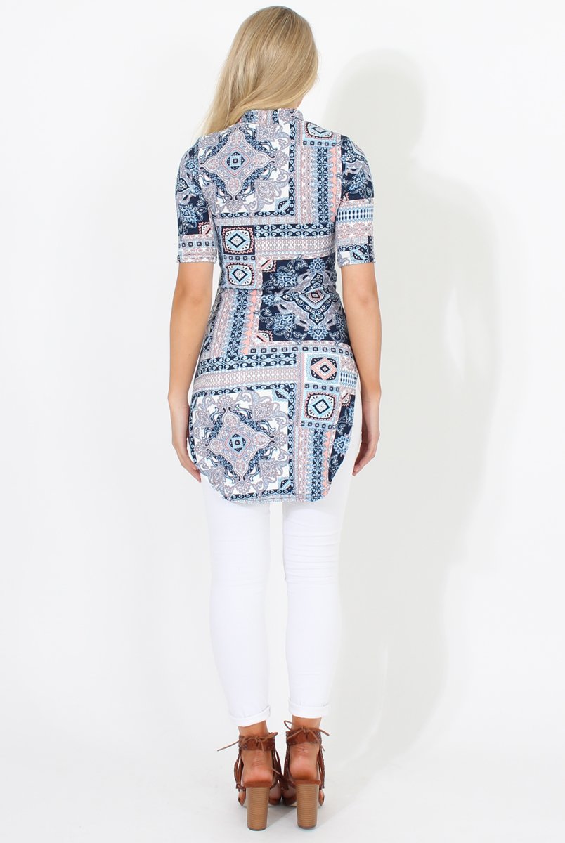 Blue Pattern Slit Top - Aubrey-Tops