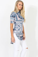Blue Pattern Slit Top - Aubrey-Tops