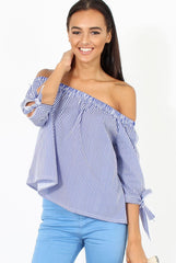 Blue Pinstripe Bardot Top - Nellie-Tops