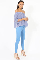 Blue Pinstripe Bardot Top - Nellie-Tops