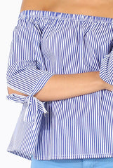 Blue Pinstripe Bardot Top - Nellie-Tops