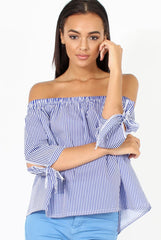 Blue Pinstripe Bardot Top - Nellie-Tops