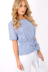 Blue Pinstripe Corset Lace Up Shirt - Hailey-Tops