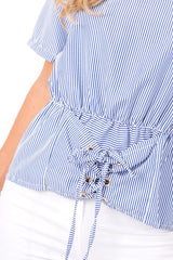 Blue Pinstripe Corset Lace Up Shirt - Hailey-Tops