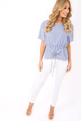 Blue Pinstripe Corset Lace Up Shirt - Hailey-Tops