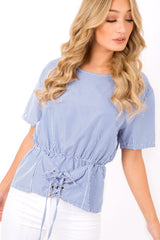 Blue Pinstripe Corset Lace Up Shirt - Hailey-Tops