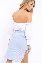 Blue Pinstripe Dip Hem Bow Tie Skirt - Stacie-Skirts