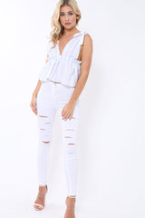 Blue Pinstripe Plunge Blouse - Seraphina-Tops