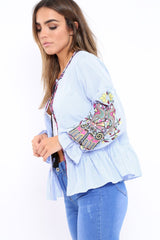 Blue Pinstripe Shirt with Embroidered Detailing - Emeline-Tops