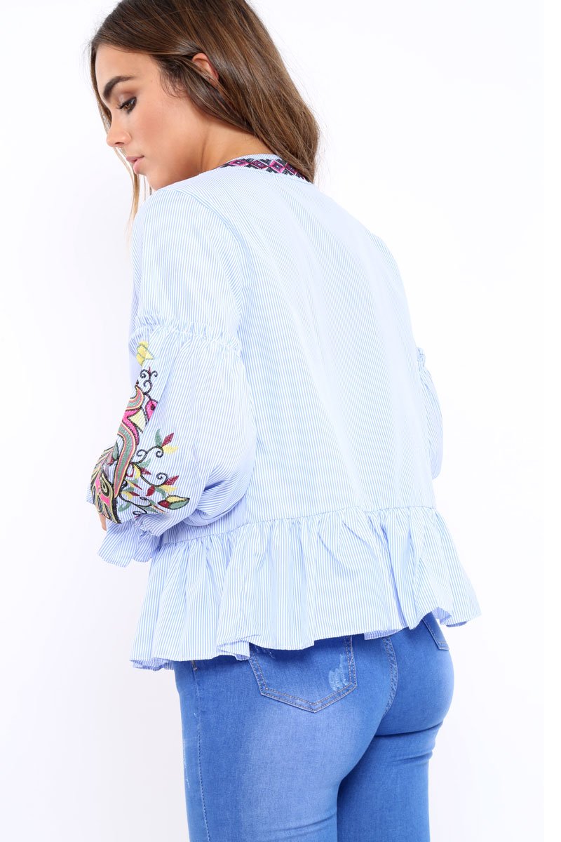 Blue Pinstripe Shirt with Embroidered Detailing - Emeline-Tops