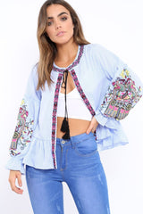 Blue Pinstripe Shirt with Embroidered Detailing - Emeline-Tops