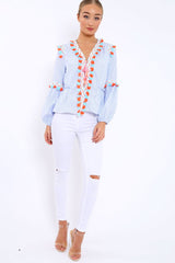 Blue Pinstripe Shirt with Tassel detailing - Roseanna-Tops