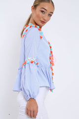 Blue Pinstripe Shirt with Tassel detailing - Roseanna-Tops