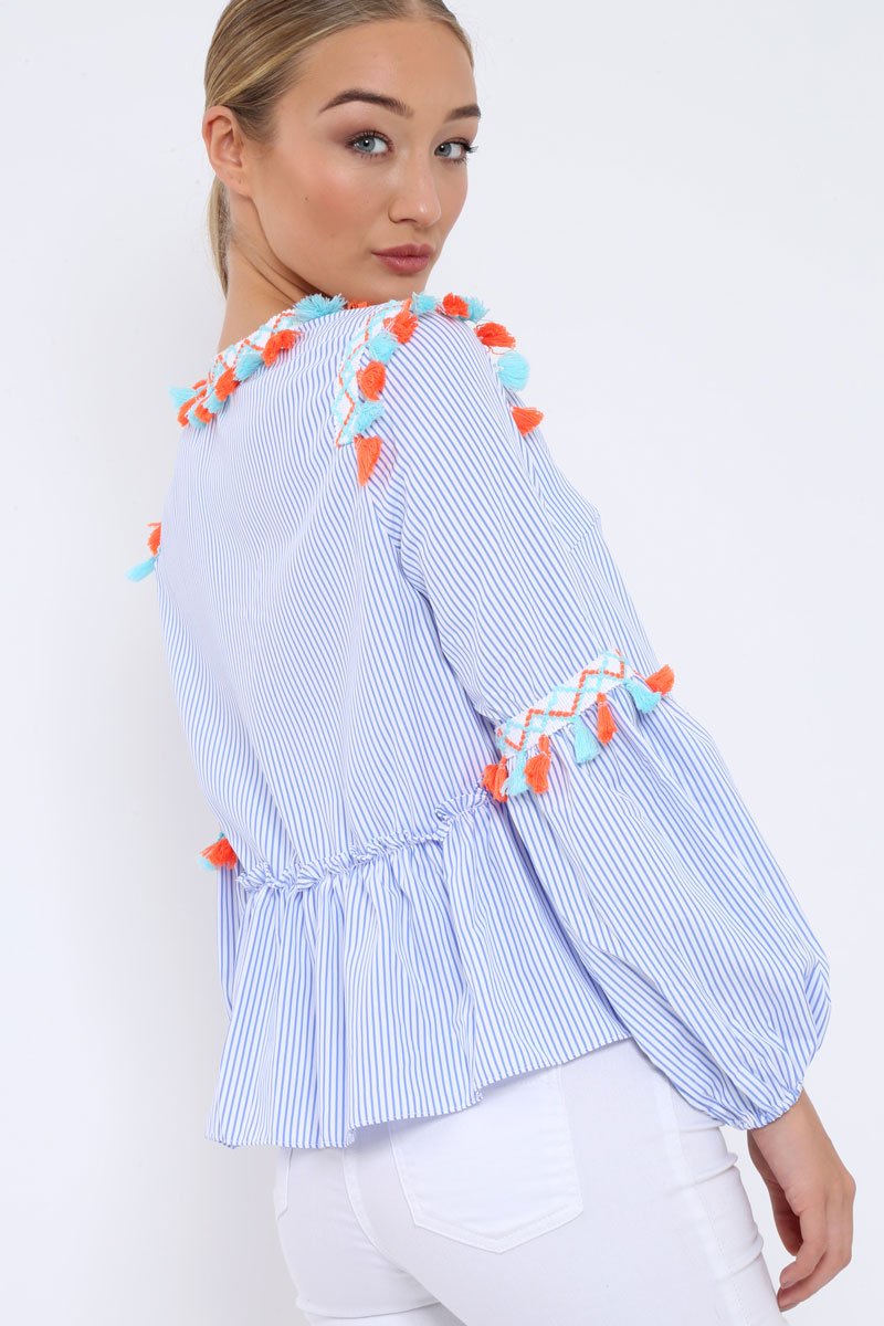 Blue Pinstripe Shirt with Tassel detailing - Roseanna-Tops