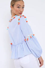 Blue Pinstripe Shirt with Tassel detailing - Roseanna-Tops