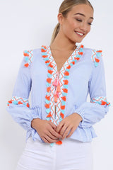Blue Pinstripe Shirt with Tassel detailing - Roseanna-Tops