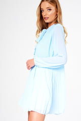Blue Pleated Tie Neck Long Sleeve Swing Dress - Nickie-Dresses