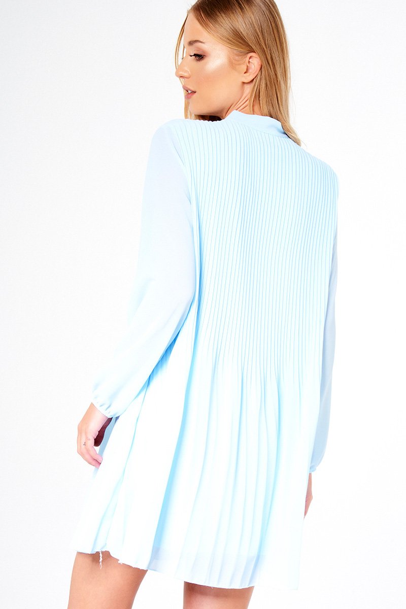 Blue Pleated Tie Neck Long Sleeve Swing Dress - Nickie-Dresses