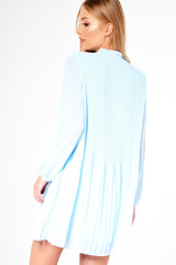 Blue Pleated Tie Neck Long Sleeve Swing Dress - Nickie-Dresses