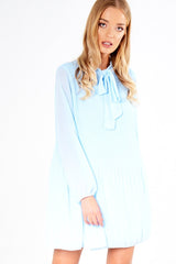 Blue Pleated Tie Neck Long Sleeve Swing Dress - Nickie-Dresses