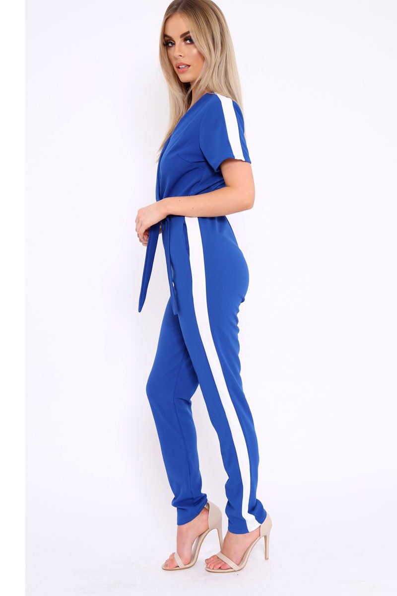 Blue Plunge Front Contrast Side Stripe Jumpsuit - Jayah-Jumpsuits