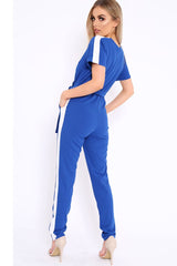Blue Plunge Front Contrast Side Stripe Jumpsuit - Jayah-Jumpsuits