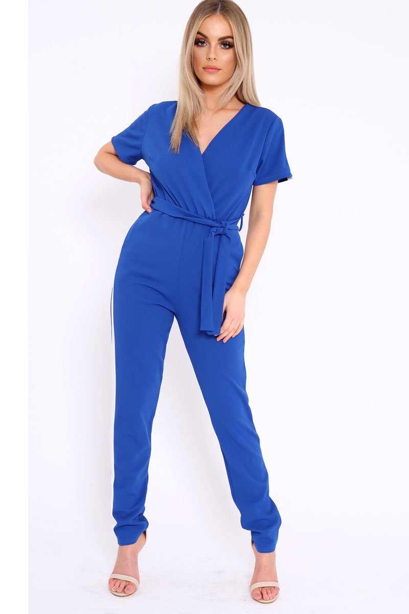 Blue Plunge Front Contrast Side Stripe Jumpsuit - Jayah-Jumpsuits
