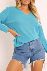 Blue Plunge Neck Knit Jumper - Halie-Jumper