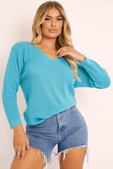 Blue Plunge Neck Knit Jumper - Halie-Jumper