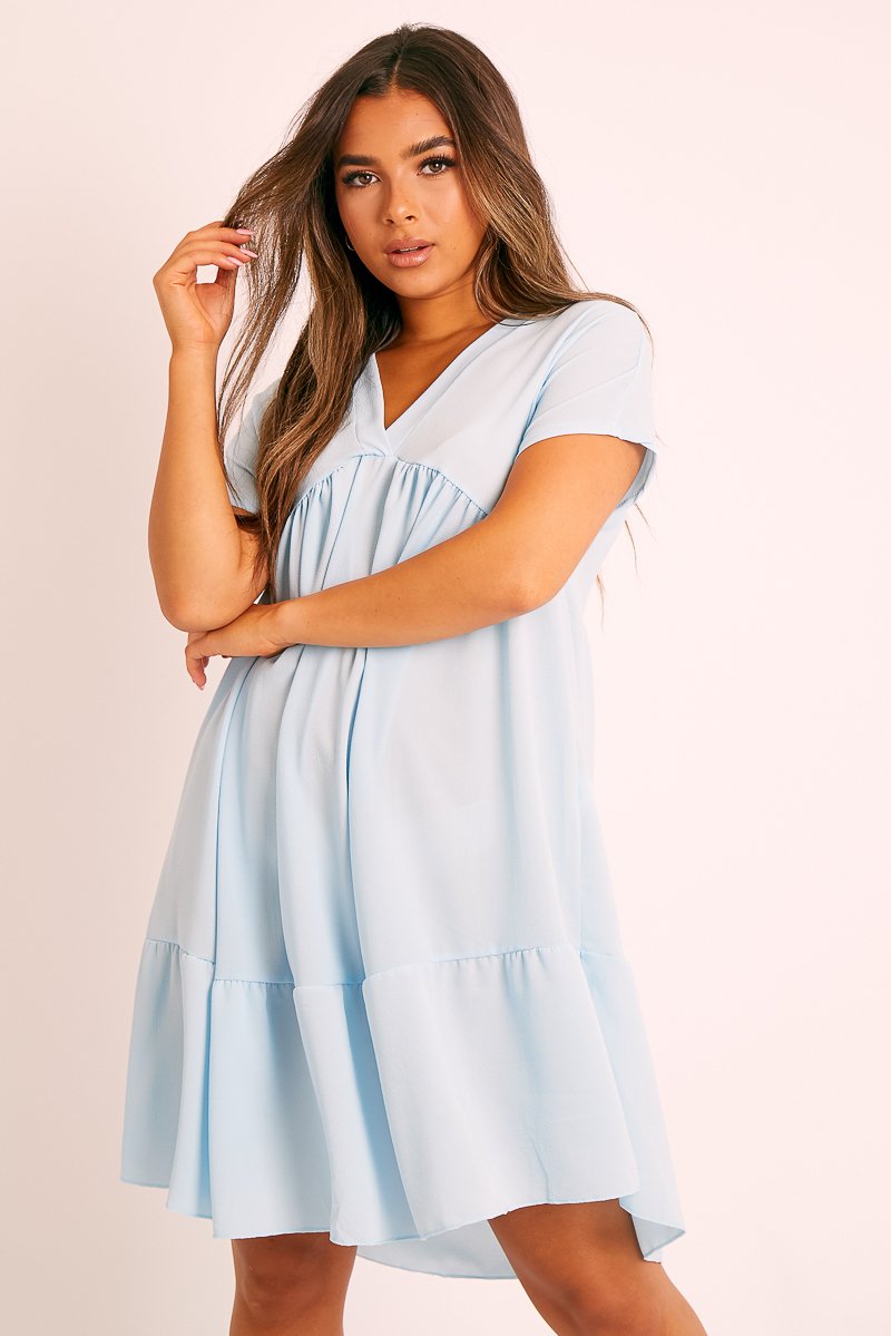 Blue Plunge Smock Dress - Cambriella-Dresses