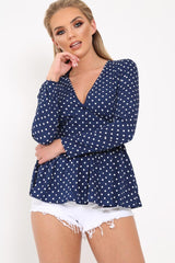 Blue Polka Dot Button Detail Peplum Top - Rayaan-Tops