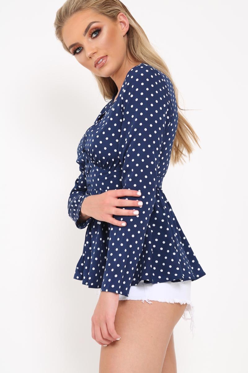 Blue Polka Dot Button Detail Peplum Top - Rayaan-Tops