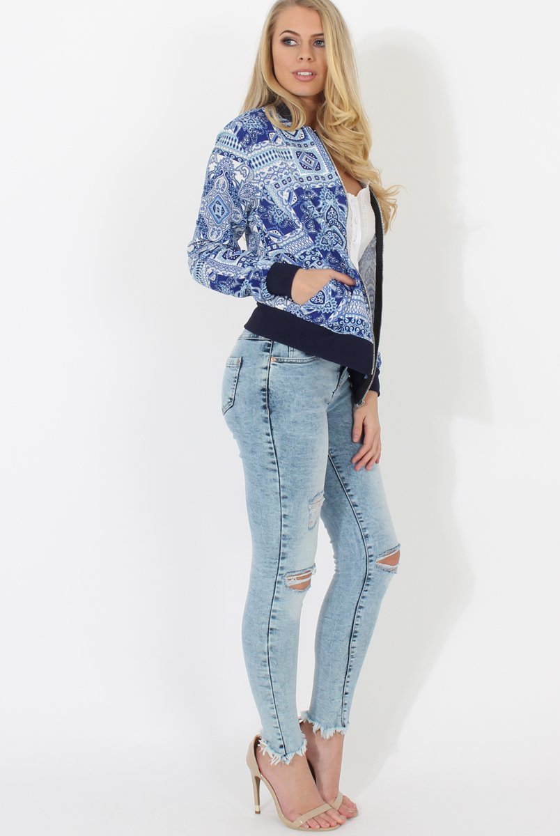 Blue Print Bomber Jacket - Naomie-Jackets