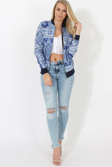 Blue Print Bomber Jacket - Naomie-Jackets