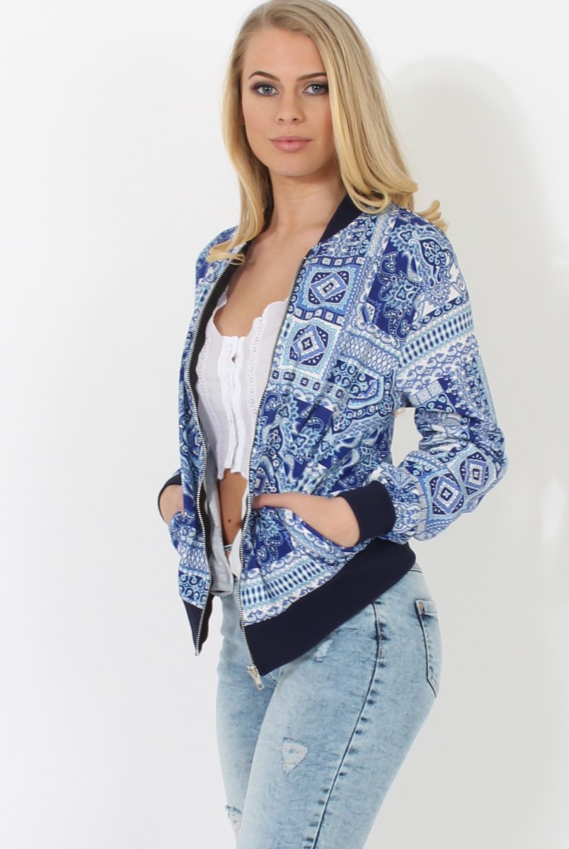 Blue Print Bomber Jacket - Naomie-Jackets