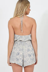 Blue Print Halterneck Playsuit - Kaylie-Playsuits