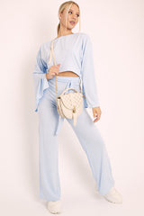 Blue Rib Crop Jumper Tie Wide Leg Trousers Loungewear Co-Ord - Mirabel-Loungewear