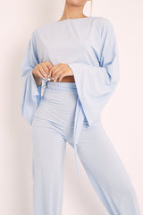 Blue Rib Crop Jumper Tie Wide Leg Trousers Loungewear Co-Ord - Mirabel-Loungewear