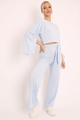 Blue Rib Crop Jumper Tie Wide Leg Trousers Loungewear Co-Ord - Mirabel-Loungewear