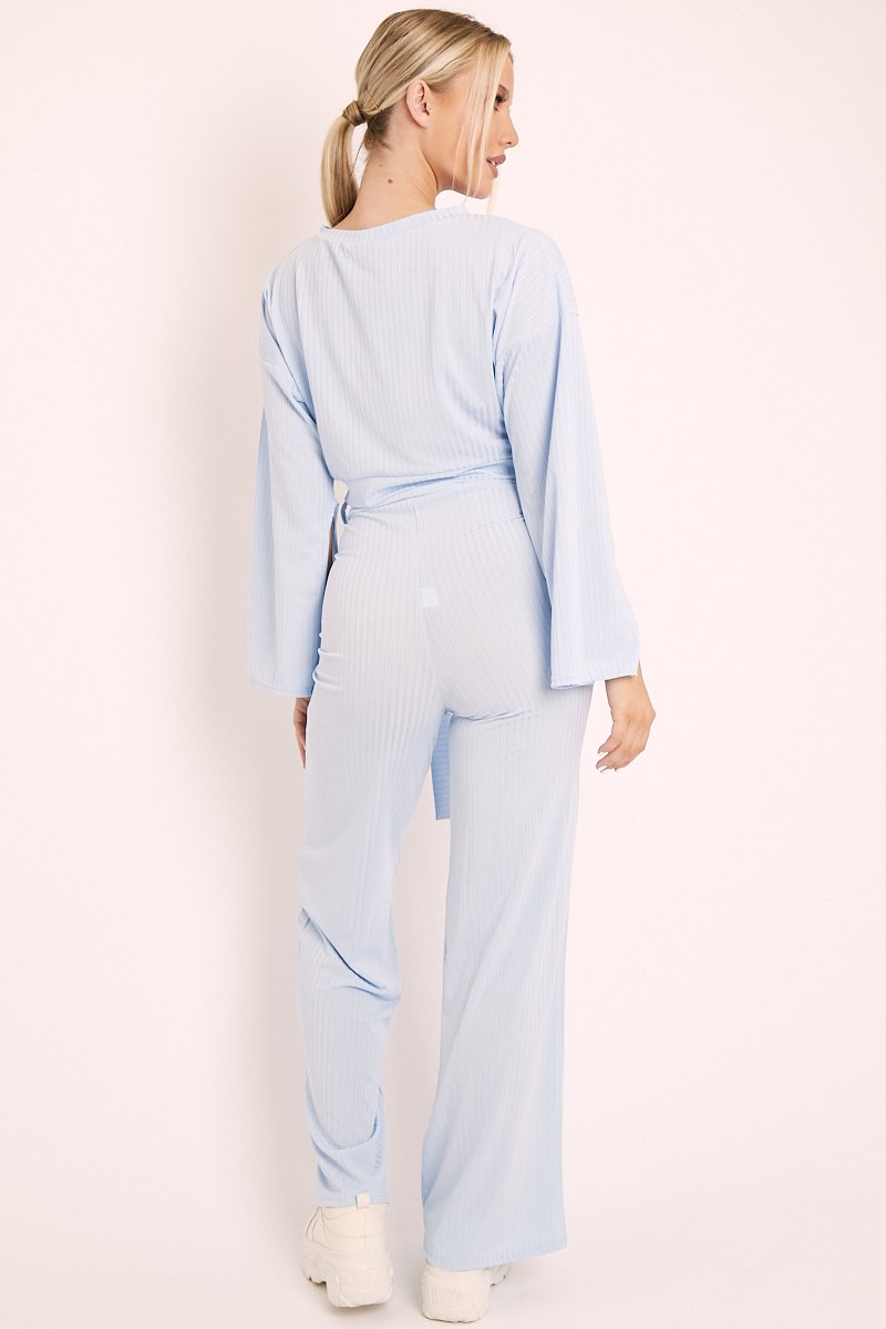 Blue Rib Crop Jumper Tie Wide Leg Trousers Loungewear Co-Ord - Mirabel-Loungewear