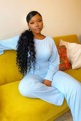 Blue Rib Crop Jumper Tie Wide Leg Trousers Loungewear Co-Ord - Mirabel-Loungewear