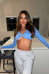 Blue Ribbed Button Fastening Crop Top - Francia-Crop Tops